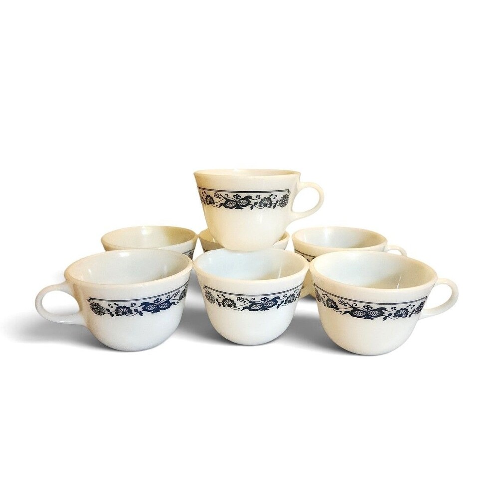 Vintage Pyrex Old Town Blue Tea/Coffee Cups Floral Scroll Milk Glass Lot of 7